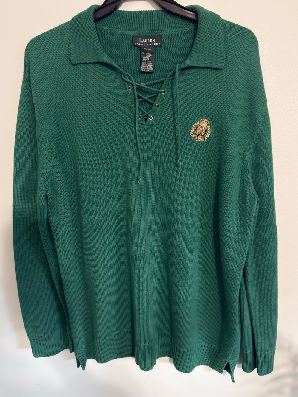 Lauren Ralph Lauren Women’s Green Crest Lace Up Cotton Sweater LG